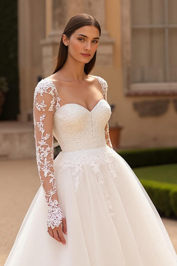 Ivory A-Line Strapless Long Sleeve Bridal Gown Dress With Appliques